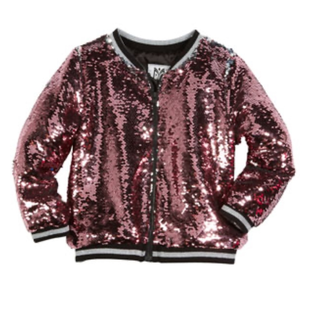 Like New Milly Minis Movable Sequin Bomber Jacket, Size 8 in Black/Pink/Silver